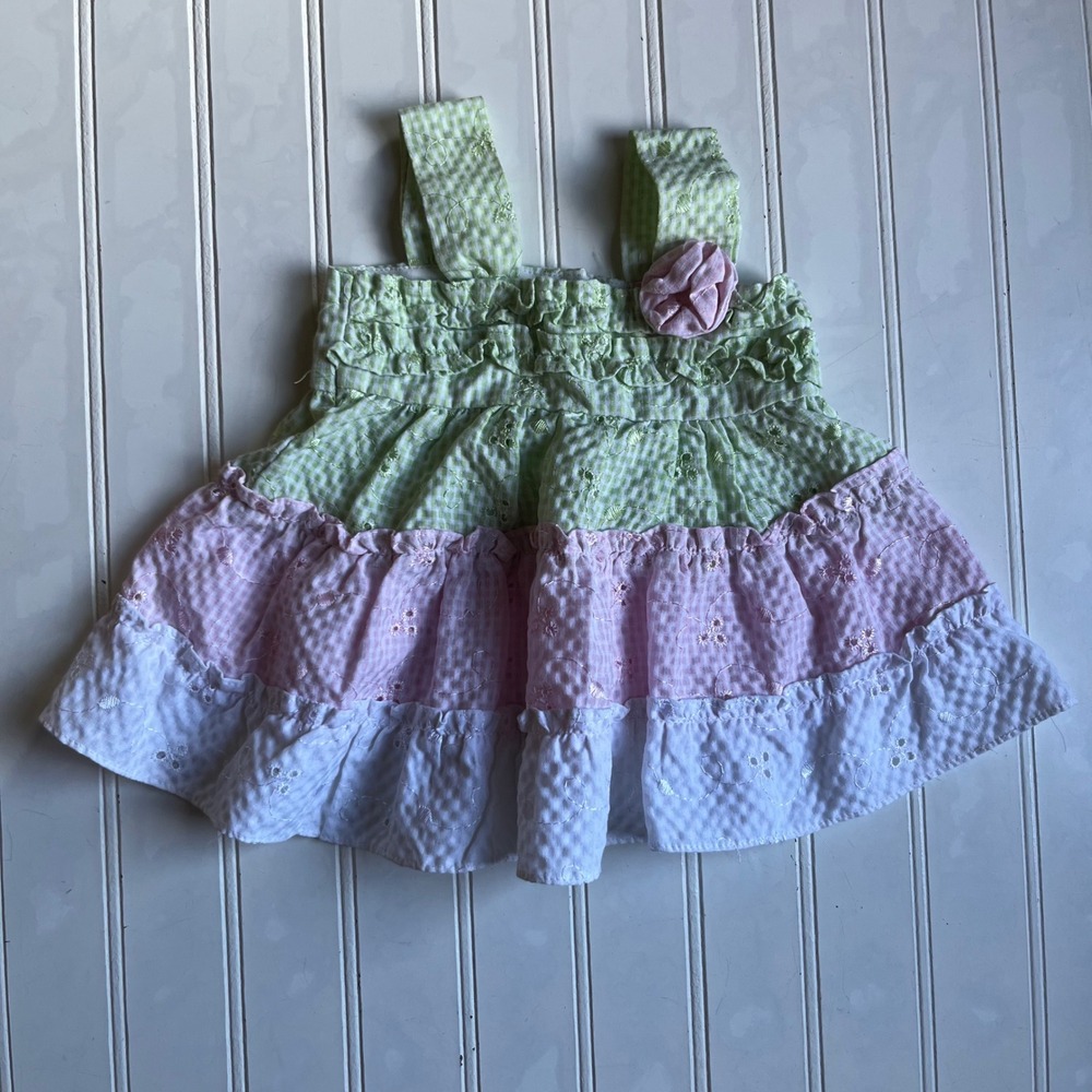 Kidgets Baby Girl Gingham Eyelet Tiered Dress Green Pink White Rosette 0-6M